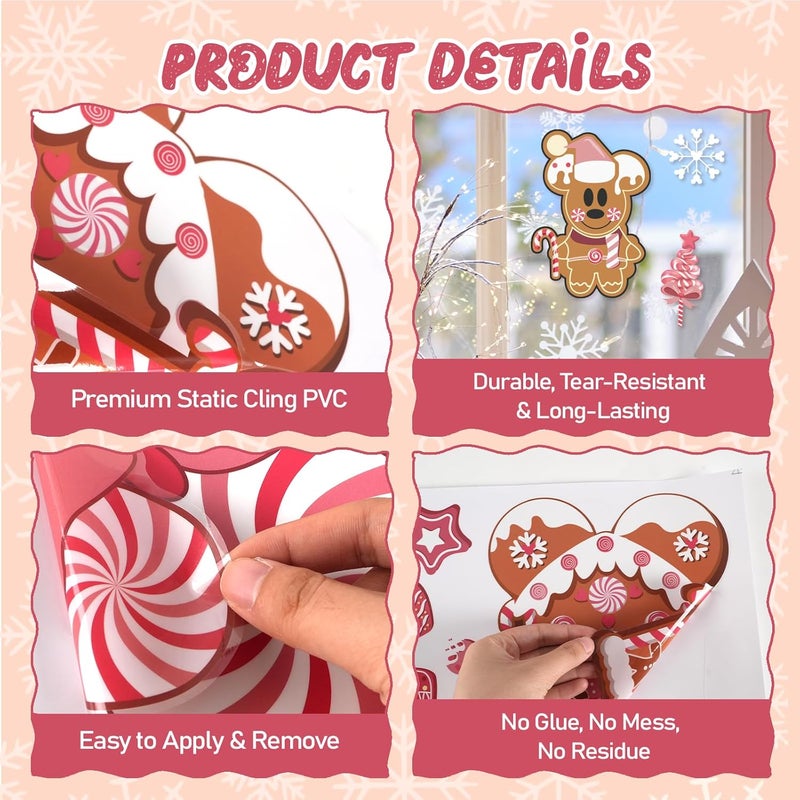 MAXDUCK Christmas Gingerbread Window Cling Decorations - 12 Sheets Pink Double-Sided Christmas Gingerbread Sticker for Window Decor, Mouse, Castle, Snowflake Stickers for Indoor Office Home Decor - Image 5